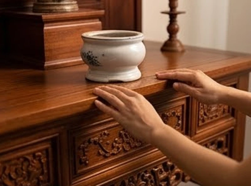 Bát hương rung là điềm gì: Phân biệt nguyên nhân & cách an vị 3 Người dùng tay kiểm tra độ bằng phẳng của mặt bàn thờ gỗ để tìm nguyên nhân làm cập kênh bát hương