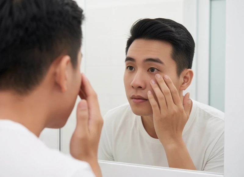 Người đàn ông kiểm tra tình trạng mắt trái co giật trước gương trong phòng tắm