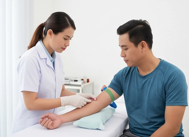 Sức khỏe tuổi Ngọ năm 2027: Tháng kỵ và rủi ro bệnh lý nam nữ 4 Kỹ thuật viên y tế đang lấy mẫu máu xét nghiệm kiểm tra chỉ số men gan cho nam giới