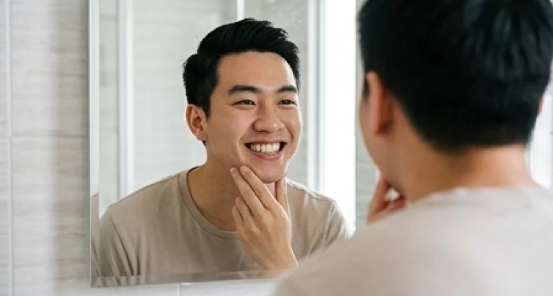 Má phải giật là điềm gì: Tra cứu 12 khung giờ và rủi ro y khoa 3 Nam thanh niên đứng trước gương cố gắng mỉm cười để kiểm tra độ cân xứng của nhân trung và nếp nhăn trán