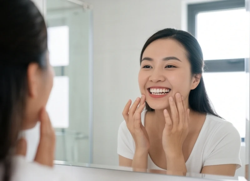 Môi giật là điềm gì: Bảng tra cứu 12 khung giờ và y khoa 7 Người phụ nữ đứng trước gương mỉm cười nhe răng để kiểm tra độ cân xứng của khuôn mặt