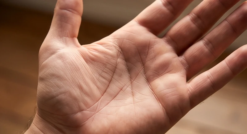 Bàn tay hơi căng nhẹ dưới ánh đèn để kiểm tra độ sâu và tính quy luật của đường chỉ tay quý nhân phù trợ