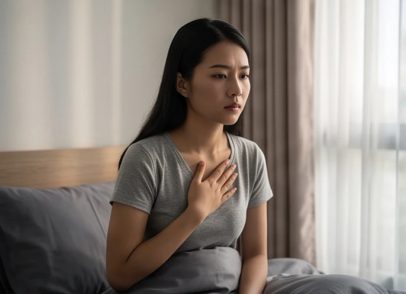 Người phụ nữ tự đặt tay lên ngực để kiểm tra nhịp tim ngay sau khi bừng tỉnh khỏi giấc mộng