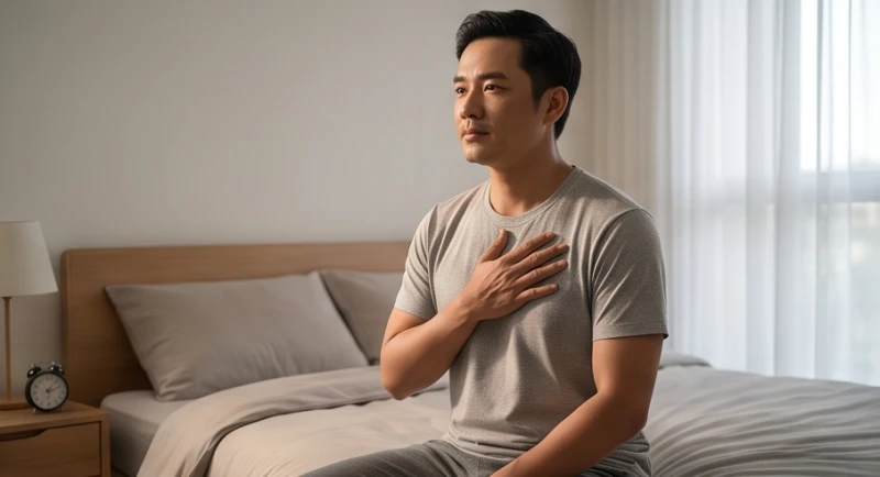 Người đàn ông thức giấc và tự đặt tay lên ngực để kiểm tra nhịp tim
