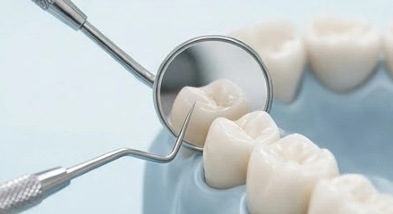 Bác sĩ nha khoa sử dụng gương chuyên dụng để kiểm tra kỹ lưỡng tình trạng chiếc răng hàm bị sâu