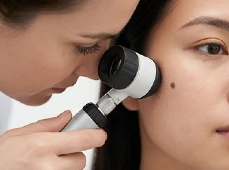 Nốt ruồi không nên giữ trên mặt: Vị trí xấu và cách xóa an toàn 1 Bác sĩ da liễu dùng thiết bị soi da chuyên dụng để kiểm tra chi tiết cấu trúc sắc tố của một nốt ruồi trên mặt bệnh nhân