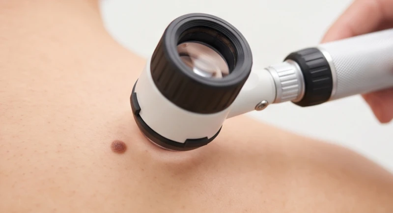 Bác sĩ da liễu sử dụng kính lúp chuyên dụng để soi chiếu và kiểm tra nốt ruồi theo quy tắc ABCDE