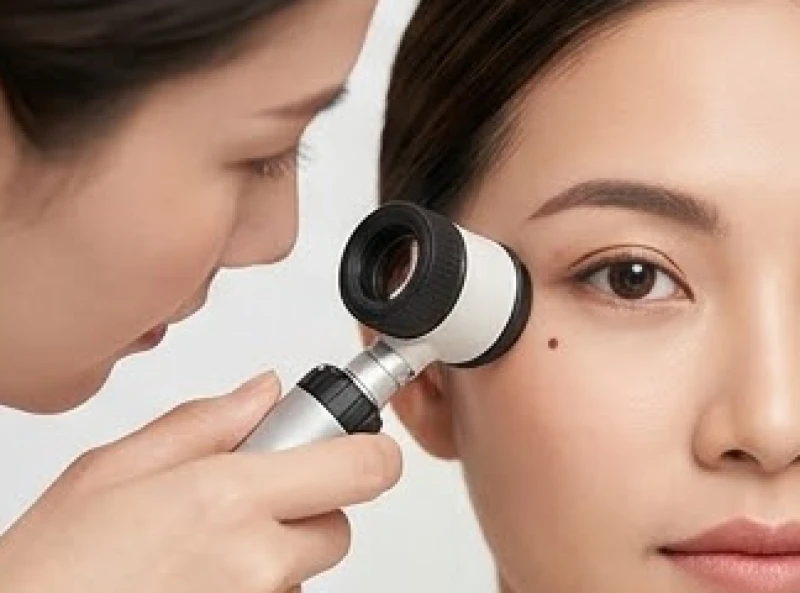 Bác sĩ da liễu dùng kính lúp soi chiếu kiểm tra nốt ruồi ở đuôi mắt theo tiêu chuẩn y khoa