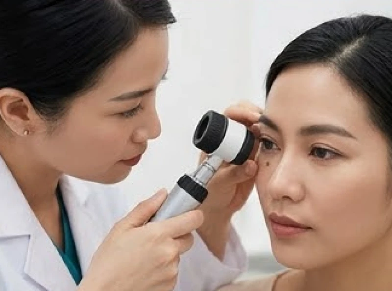 Bác sĩ da liễu soi cấu trúc nốt ruồi ở mắt phải bằng thiết bị y khoa chuyên dụng