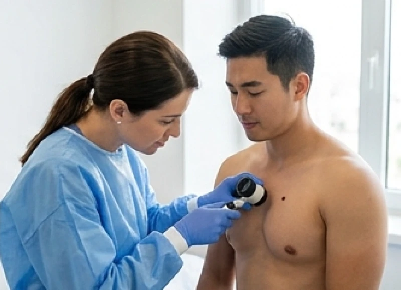 Nốt ruồi ở ngực nam: Ý nghĩa tướng số, y khoa và chi phí tẩy 6 Bác sĩ da liễu dùng kính lúp chuyên dụng tầm soát nguy cơ của nốt ruồi trên ngực