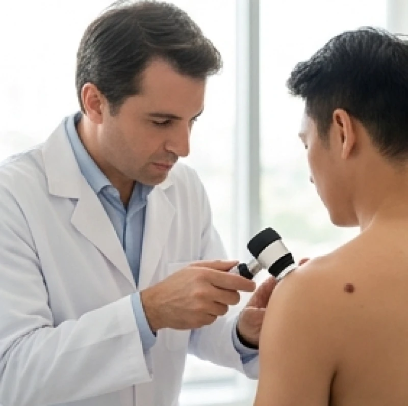 Bác sĩ da liễu dùng thiết bị soi da chuyên dụng để kiểm tra kích thước và cấu trúc của nốt ruồi