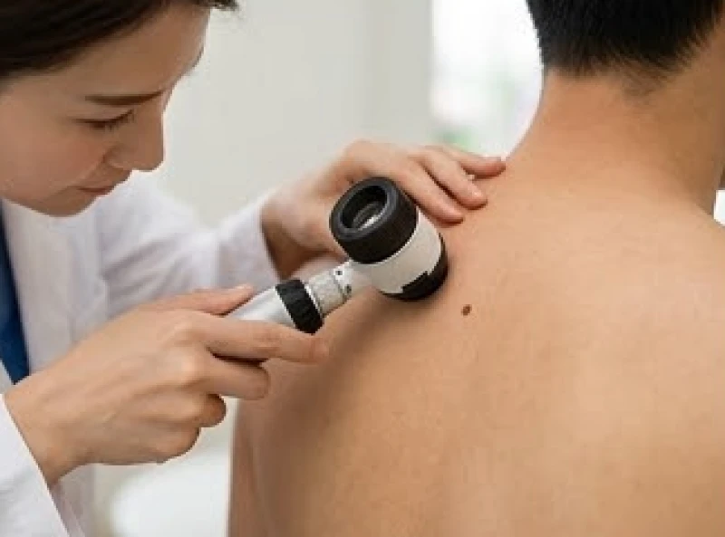 Bác sĩ đang dùng thiết bị chuyên dụng dermatoscope để soi cận cảnh cấu trúc của một nốt ruồi lớn trên lưng