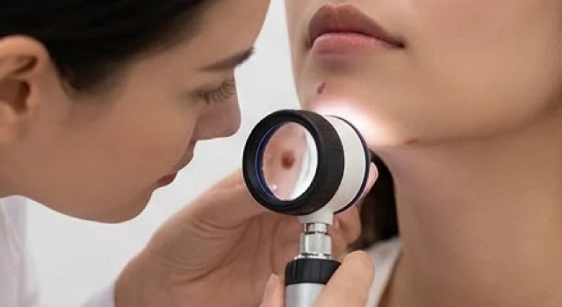 Bác sĩ da liễu dùng kính lúp soi và đánh giá cấu trúc nốt ruồi dưới cằm theo quy tắc ABCDE