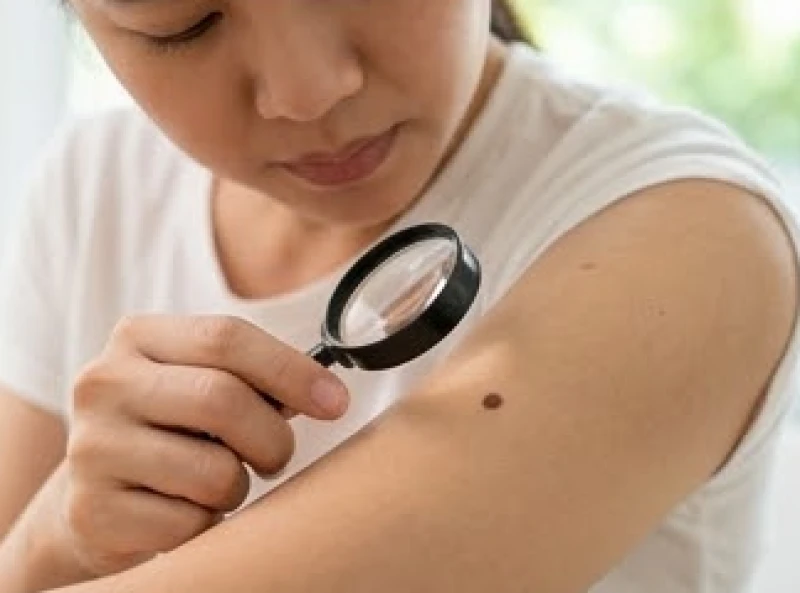 Một người đang dùng kính lúp soi kỹ nốt ruồi ở tay để kiểm tra màu sắc và kích thước bờ viền bất thường