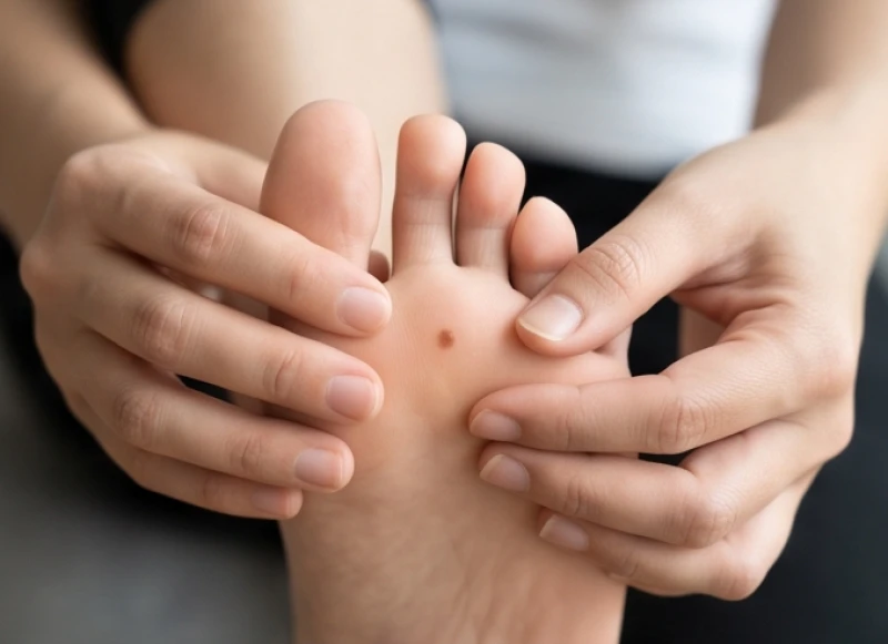 Người phụ nữ đang dùng tay nhẹ nhàng tách kẽ ngón chân để quan sát kỹ nốt ruồi ở kẽ ngón chân