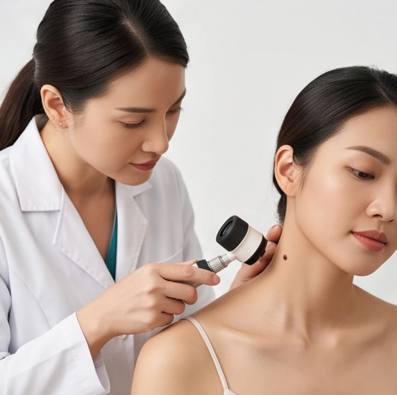 Bác sĩ da liễu đang dùng kính lúp để kiểm tra chi tiết hình dáng nốt ruồi ở cổ nữ
