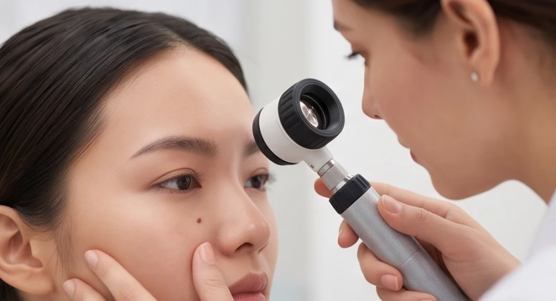 Bác sĩ da liễu đang sử dụng kính lúp chuyên dụng để soi kỹ cấu trúc của một nốt ruồi trên da