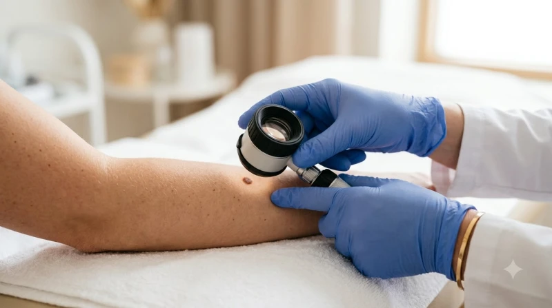 Bác sĩ da liễu sử dụng thiết bị chuyên dụng để kiểm tra kích thước và hình thái của nốt ruồi
