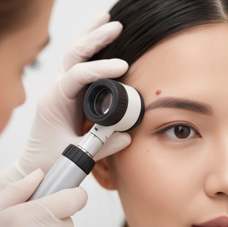 Thiết bị soi da liễu chuyên dụng đang được áp dụng để kiểm tra cấu trúc nốt ruồi vùng chân mày