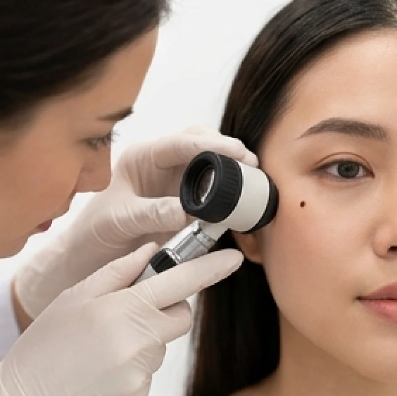 Nốt ruồi lệ: Giải mã tướng số, chi phí và cách tẩy an toàn 4 Bác sĩ da liễu đang dùng máy soi chuyên dụng để kiểm tra nốt ruồi dưới mắt