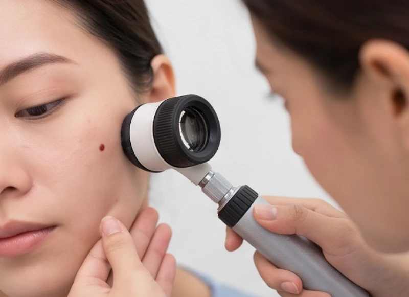 Nốt ruồi ở má trái: Luận giải tướng số và bảng giá tẩy an toàn 6 Bác sĩ da liễu đang soi và kiểm tra kích thước nốt ruồi trên má bằng thiết bị chuyên dụng