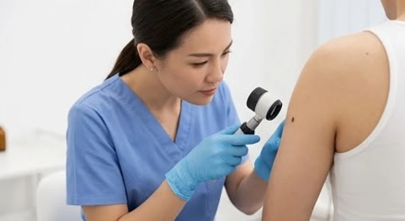 Bác sĩ da liễu dùng kính lúp chuyên dụng để thăm khám và đánh giá kích thước nốt ruồi dưới ngực