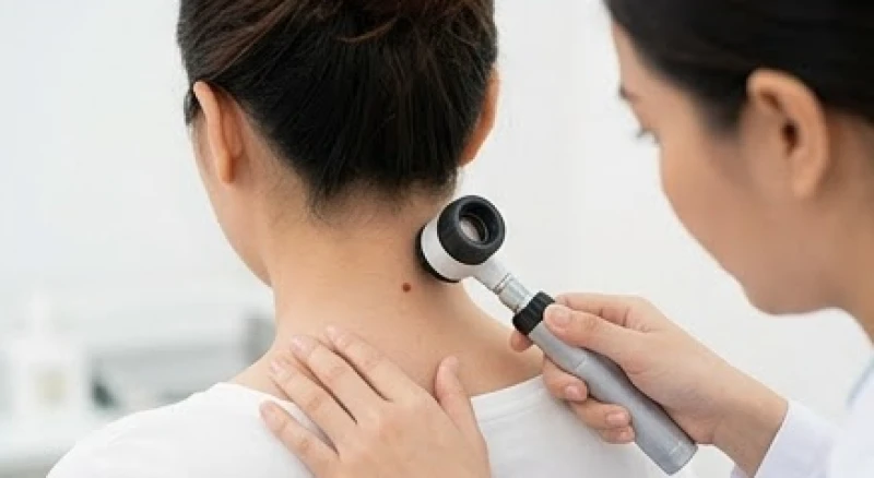 Bác sĩ da liễu đang sử dụng thiết bị soi da chuyên dụng để kiểm tra nốt ruồi sau gáy bên phải