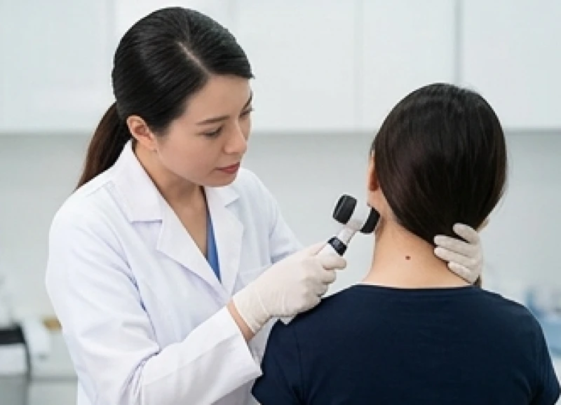 Bác sĩ da liễu dùng máy soi da chuyên dụng kiểm tra vùng gáy bệnh nhân