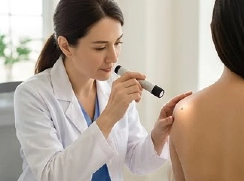 Bác sĩ da liễu đang cẩn thận kiểm tra một nốt ruồi nhỏ trên lưng bệnh nhân bằng đèn pin y tế chuyên dụng