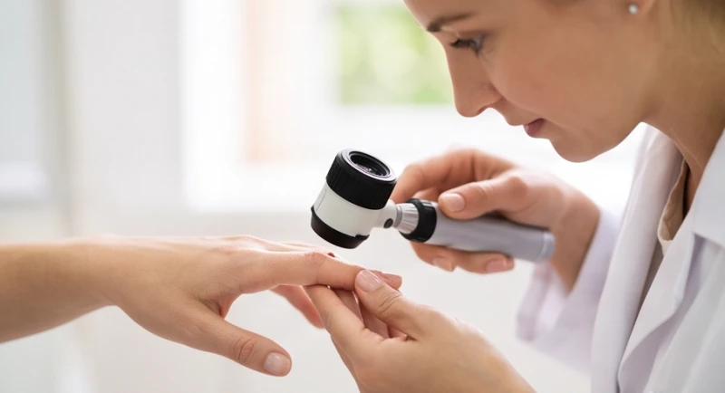 Bác sĩ da liễu dùng kính lúp chuyên dụng để kiểm tra kích thước và đường viền của nốt ruồi trên tay