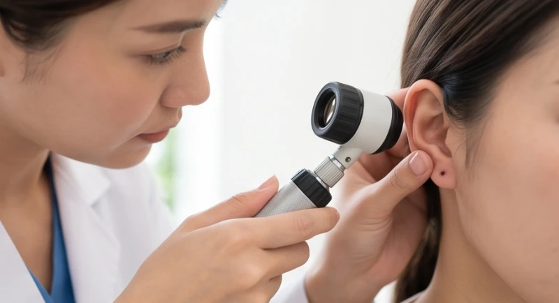 Bác sĩ da liễu đang sử dụng kính lúp chuyên dụng để kiểm tra chi tiết nốt ruồi ở dái tai