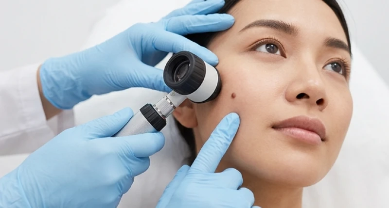 Bác sĩ da liễu đang dùng kính lúp kiểm tra cẩn thận kích thước và đường viền của nốt ruồi trên da mặt