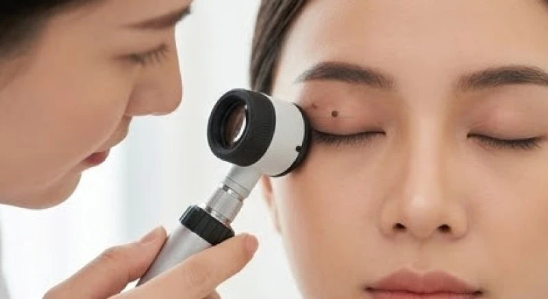 Nốt ruồi trên mí mắt: Ý nghĩa tướng số và bảng giá tẩy an toàn 1 Bác sĩ da liễu đang kiểm tra nốt ruồi trên mí mắt bệnh nhân bằng thiết bị chuyên dụng