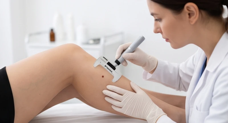 Bác sĩ da liễu đang dùng thước đo chuyên dụng để kiểm tra kích thước nốt ruồi ở bắp chân