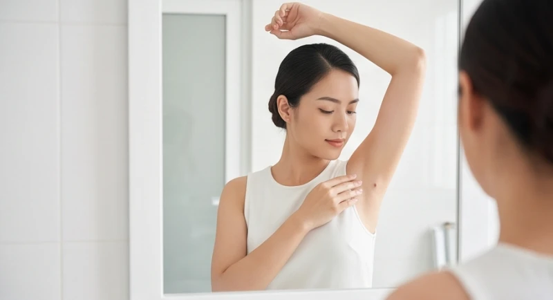 Cô gái đang đứng trước gương cẩn thận quan sát nốt ruồi ở nách phải