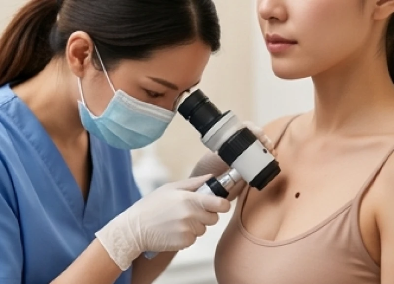 Bác sĩ da liễu đang sử dụng kính lúp chuyên dụng để kiểm tra cẩn thận nốt ruồi giữa ngực cho bệnh nhân