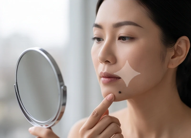 Cẩn thận kiểm tra viền và màu sắc của nốt ruồi ở cằm phải nữ qua gương soi