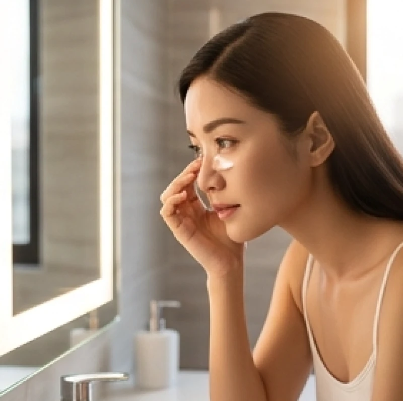 Nữ giới đang soi gương kiểm tra kỹ lưỡng nốt ruồi vùng hốc mắt để quyết định phương án thẩm mỹ