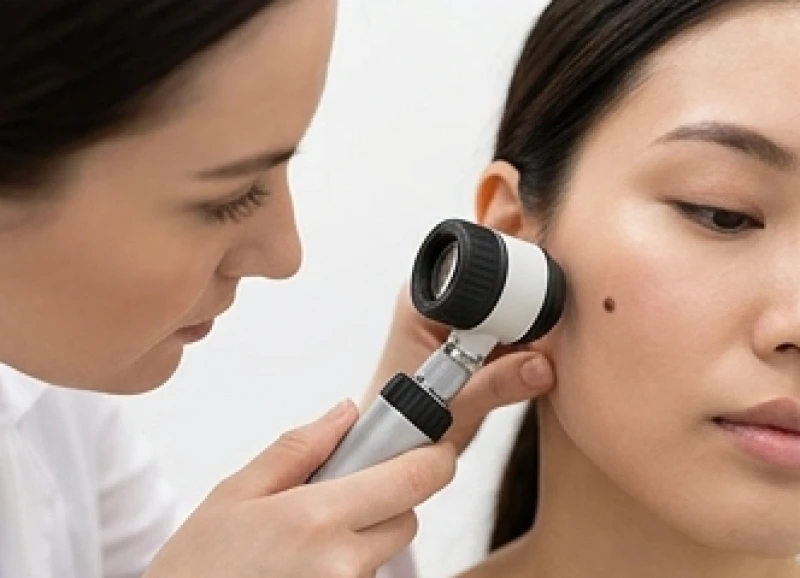 Bác sĩ da liễu đang dùng thiết bị soi da chuyên dụng để kiểm tra kích thước và bờ viền của một nốt ruồi trên má