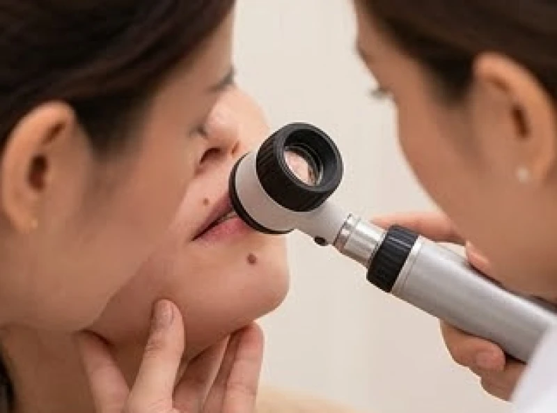 Nốt ruồi ở mép: Ý nghĩa tướng số, dấu hiệu y khoa & chi phí tẩy 7 Bác sĩ da liễu đang dùng kính lúp soi da để kiểm tra đường viền và màu sắc của nốt ruồi ở mép