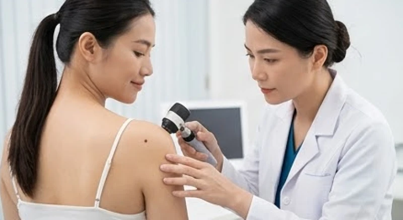 Nốt ruồi ở vai trái: Giải mã ý nghĩa tướng số và lưu ý khi tẩy 6 Bác sĩ da liễu đang dùng thiết bị soi da chuyên dụng để kiểm tra nốt ruồi trên bả vai bệnh nhân