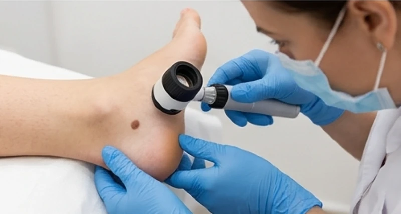 Bác sĩ da liễu đang dùng kính lúp soi da chuyên dụng để kiểm tra nốt ruồi ở gót chân