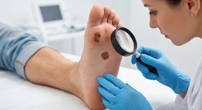 Nốt ruồi giữa lòng bàn chân nam: Tướng số & dấu hiệu y khoa 5 Bác sĩ da liễu dùng kính lúp chuyên dụng soi kỹ cấu trúc viền và màu sắc của nốt ruồi trên gan bàn chân