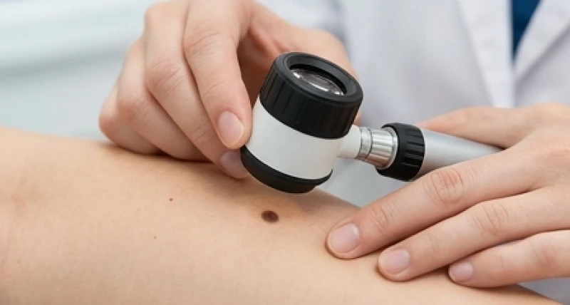 Bác sĩ da liễu dùng thiết bị soi da kiểm tra nốt ruồi để tầm soát ung thư