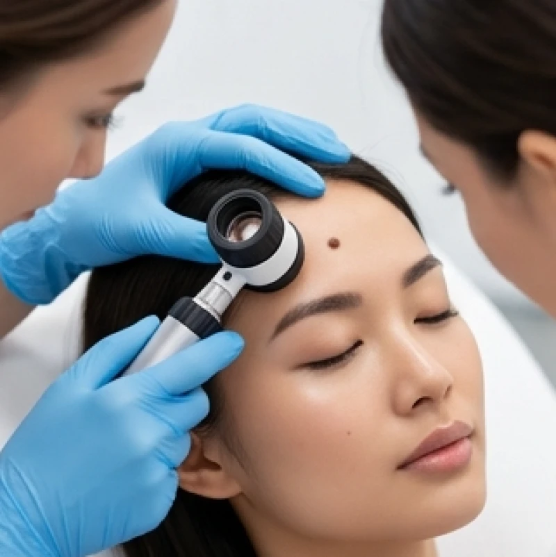 Bác sĩ da liễu sử dụng thiết bị soi da chuyên dụng để kiểm tra kích thước và bờ viền của nốt ruồi