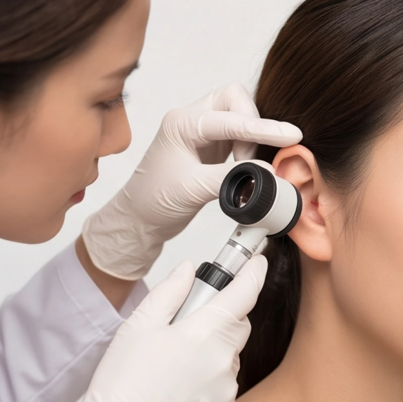 Bác sĩ da liễu đang sử dụng thiết bị chuyên dụng để kiểm tra kích thước nốt ruồi trên tai