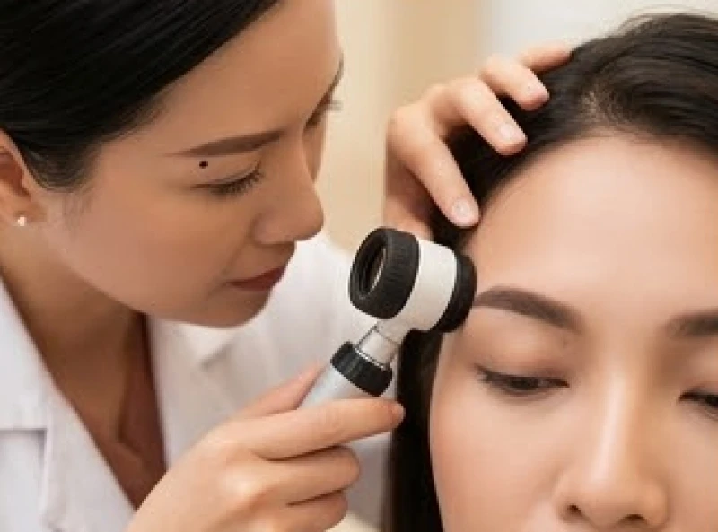 Bác sĩ da liễu đang dùng thiết bị chuyên dụng để kiểm tra nốt ruồi trên lông mày