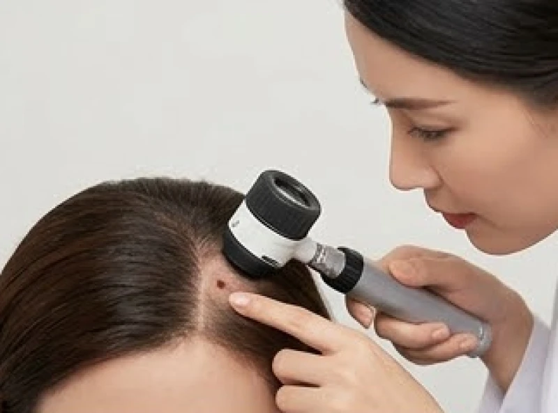 Bác sĩ da liễu dùng máy soi da chuyên dụng kiểm tra nốt ruồi