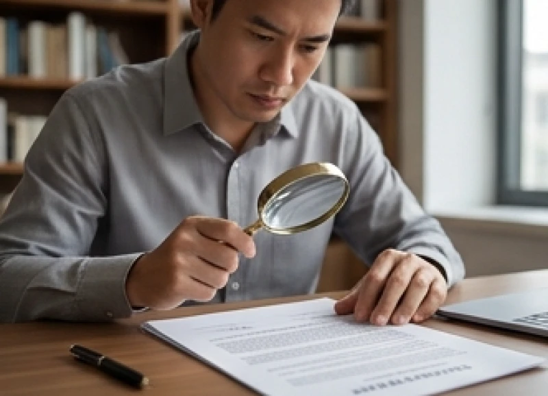 Một người đang cẩn thận dùng kính lúp soi chiếu các điều khoản trên hợp đồng mua bán
