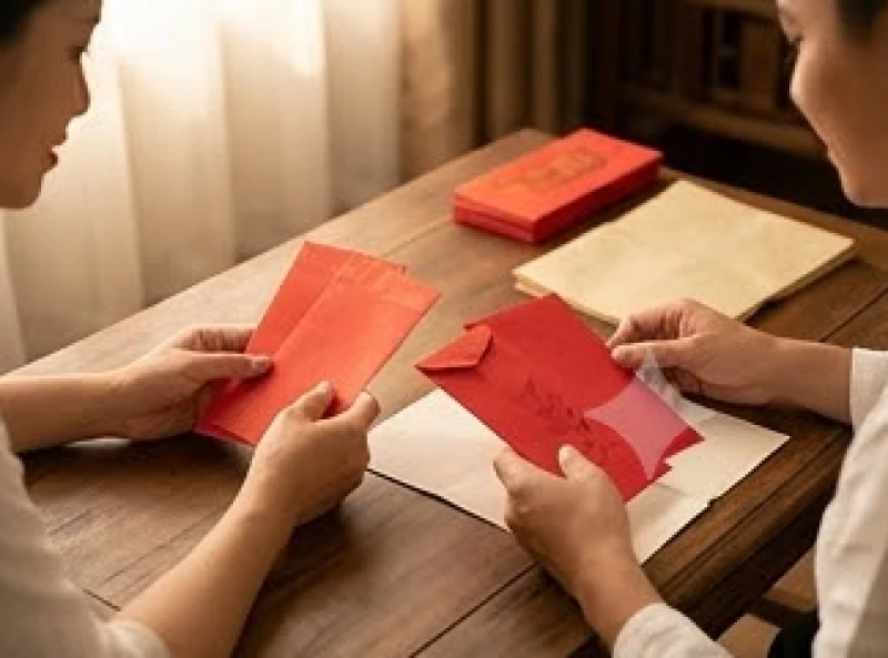 Bố mẹ đang cẩn thận xem xét các phong bao lì xì đỏ, chuẩn bị những điều tốt đẹp nhất trước khi đón con chào đời